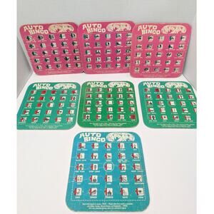 Lot of 7 Vtg Travel Cardboard Auto Bingo Cards by Regal Games  Pink Blue Green